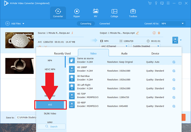 DivX AVI AVaide Select Format