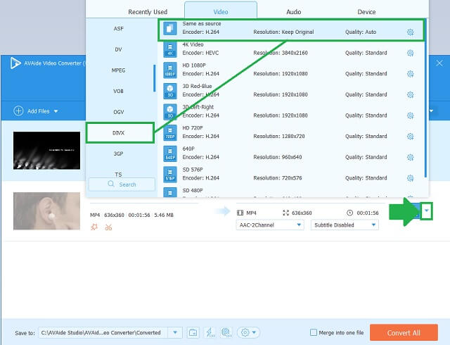 MOV DivX AVAide Format auswählen