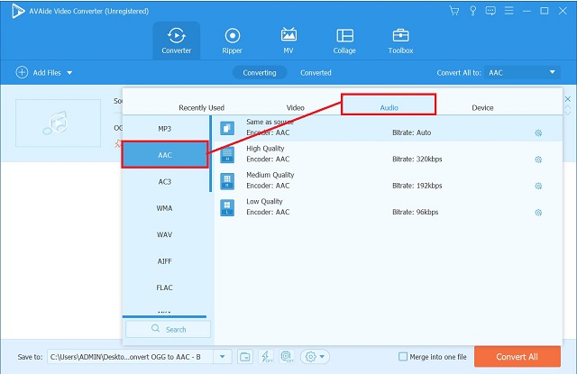 AVAide AAC Formatını Seçin