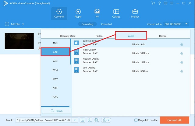 AVAide SWF To ACC Choose Format