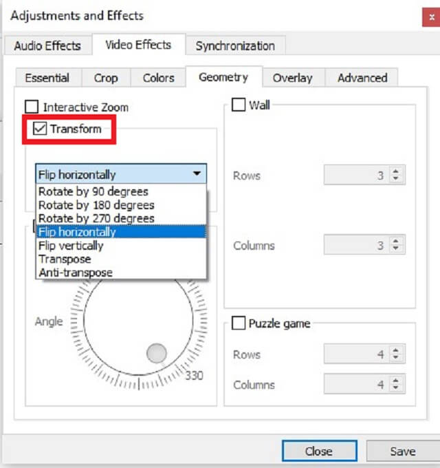 انعكاس VLC أفقيًا