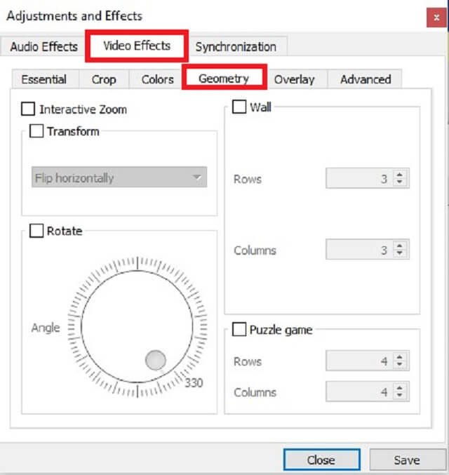 Geometria de efeitos de vídeo VLC