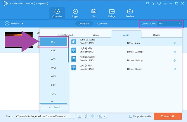 WMA MP3 AVaide Selectați format