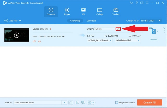 AVAide AMV To FLV Rename Your Output Format