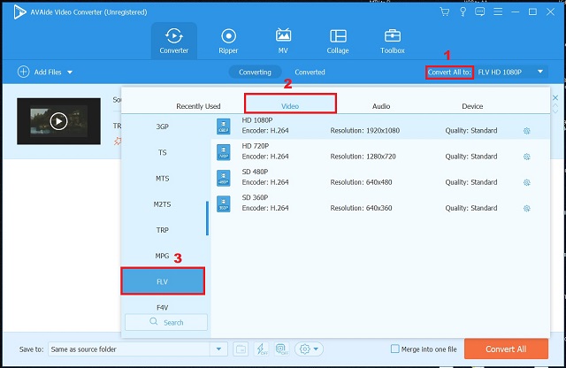 AVAide TRP To FLV Select Preferred Format