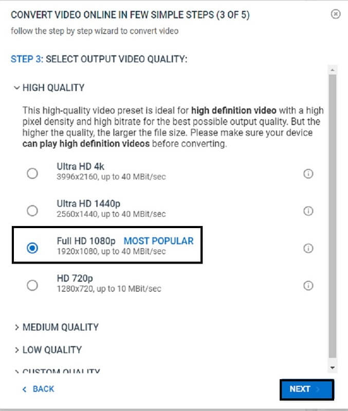 Select Output Quality