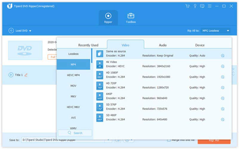 Sélectionnez le décrypteur de format de sortie