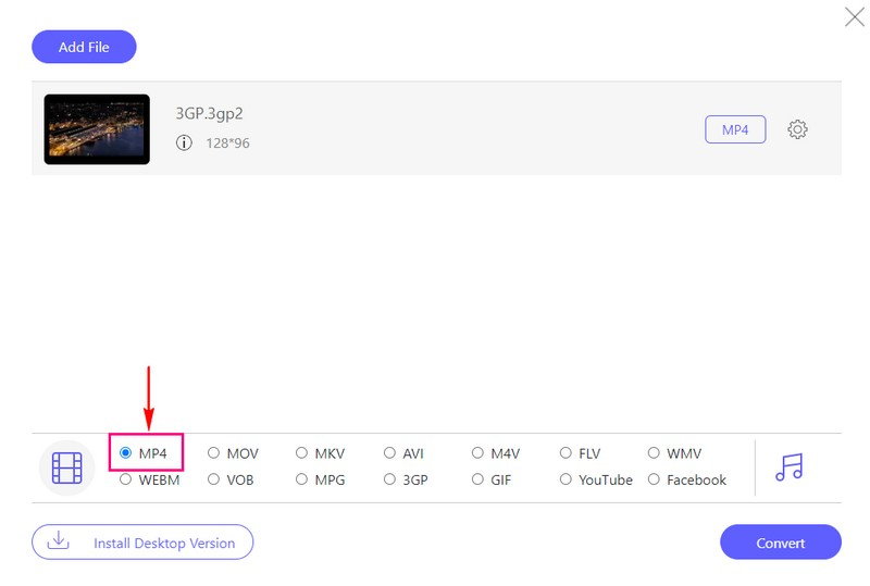 Selecteer MP4 in het knopgedeelte