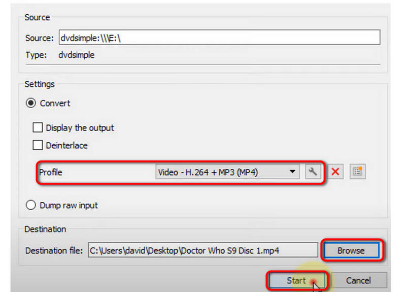 Escolha Codec e VLC de destino