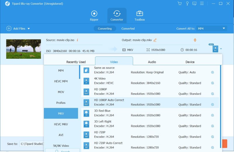 Imposta il formato file ISO su MKV