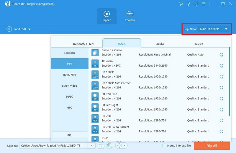 Seleziona il formato di output