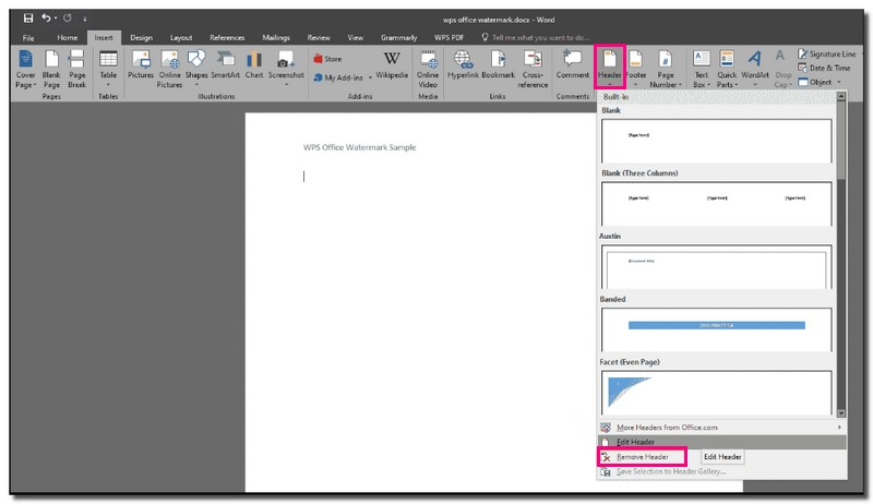 Remove Watermark in Word by Edit Header