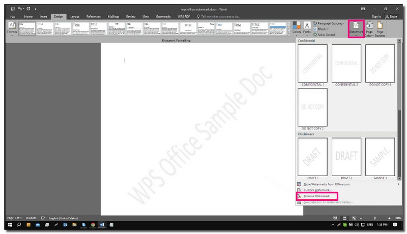 Remove Watermark in Word by Watermark Menu