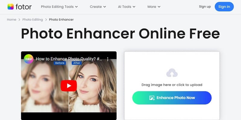 Interface gratuita on-line do Fotor Photo Enhancer