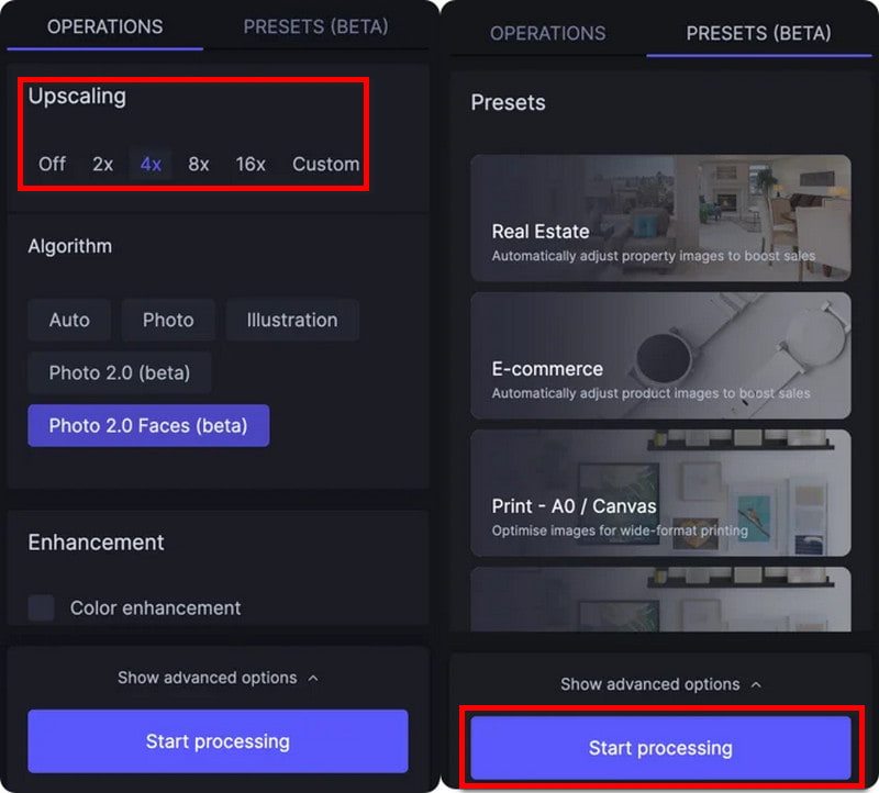 Lets Enhance Start Processing