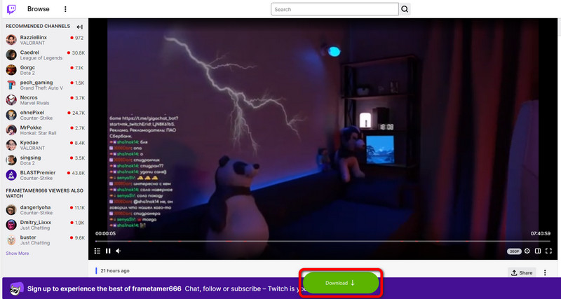 Bouton de téléchargement de la vidéo Twitch