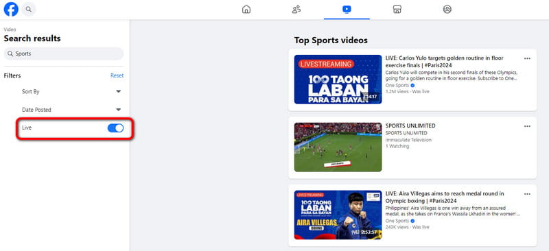 Facebook Alternar Ver deportes en vivo