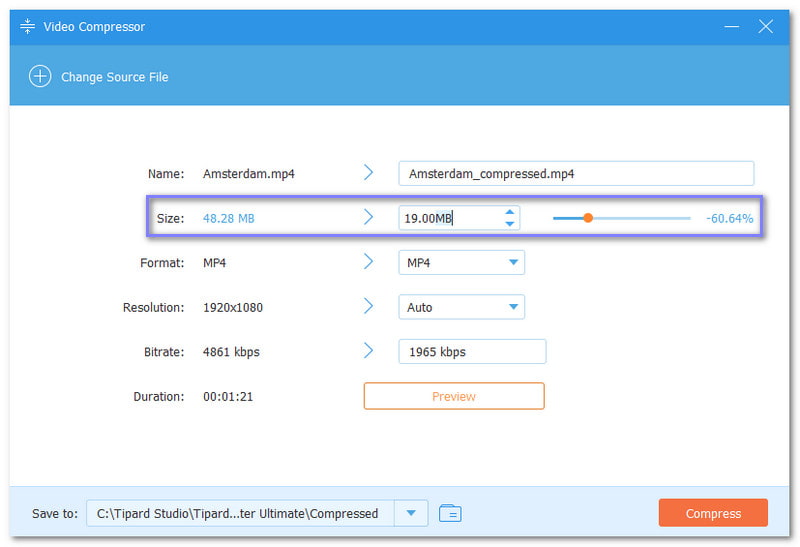 Use The Slide Bar or Arrows to Resize Video File