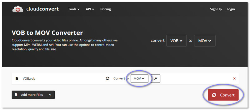 Cloudconvert converte i file Vob in Mov