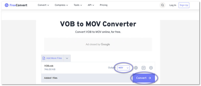 Freeconvert Converti Vob in Mov gratuitamente