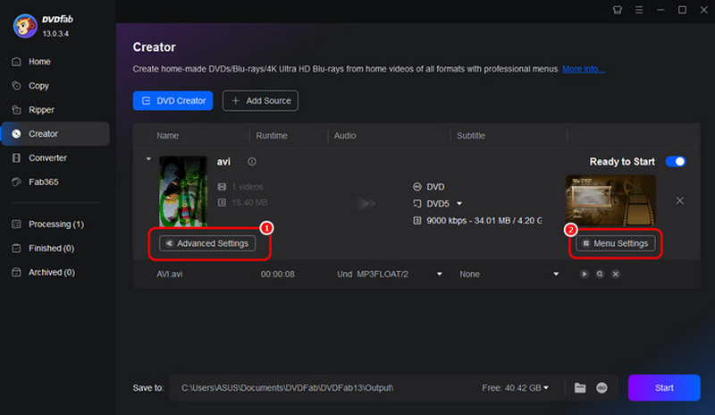DVDFabの高度なメニュー設定