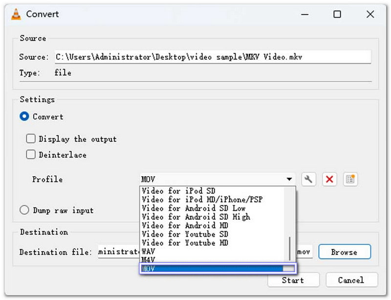 VLC MKV को MOV में परिवर्तित करें
