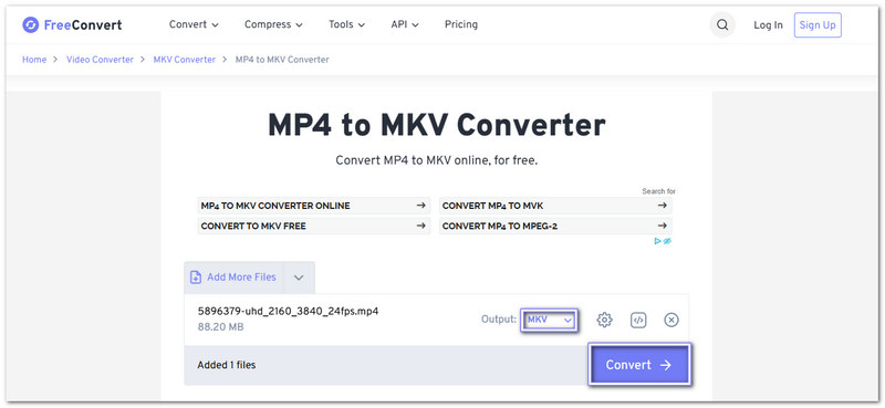 FreeConvert インストール不要でMP4をMKVに変換