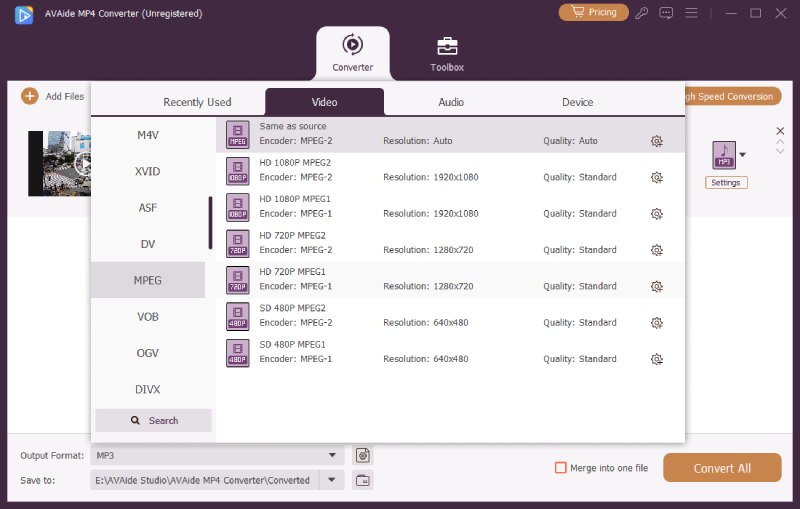 Scegli il formato MPEG