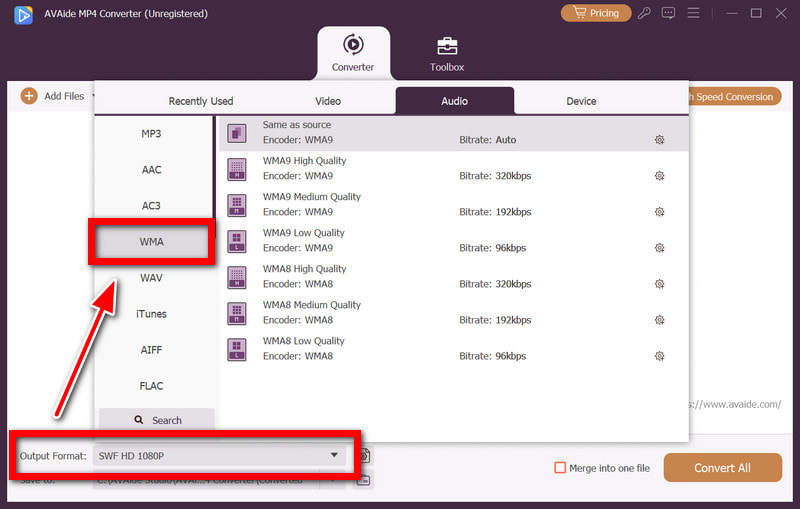 Formato di output Wma