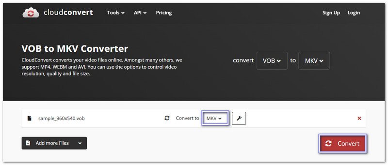 Cloudconvert converte Vob in MKV
