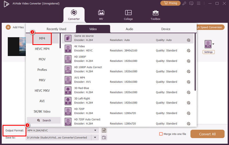 Formato di output Seleziona MP4 Avaide